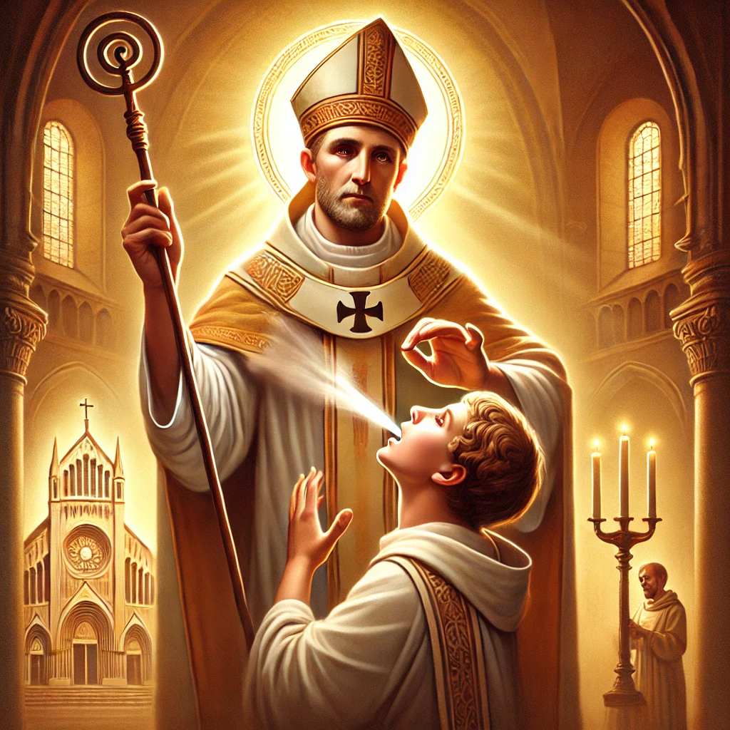 DALL·E 2025-01-20 20.29.50 - A serene, reverent illustration of Saint Blaise, a 4th-century bishop and martyr. He is depicted holding a bishop's staff in one hand and two crossed .webp