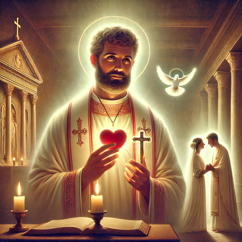 DALL·E 2025-01-25 09.38.06 - A beautiful, serene illustration of St. Valentine, depicted as a third-century Roman priest with gentle, kind eyes, holding a heart and a cross. He is.webp