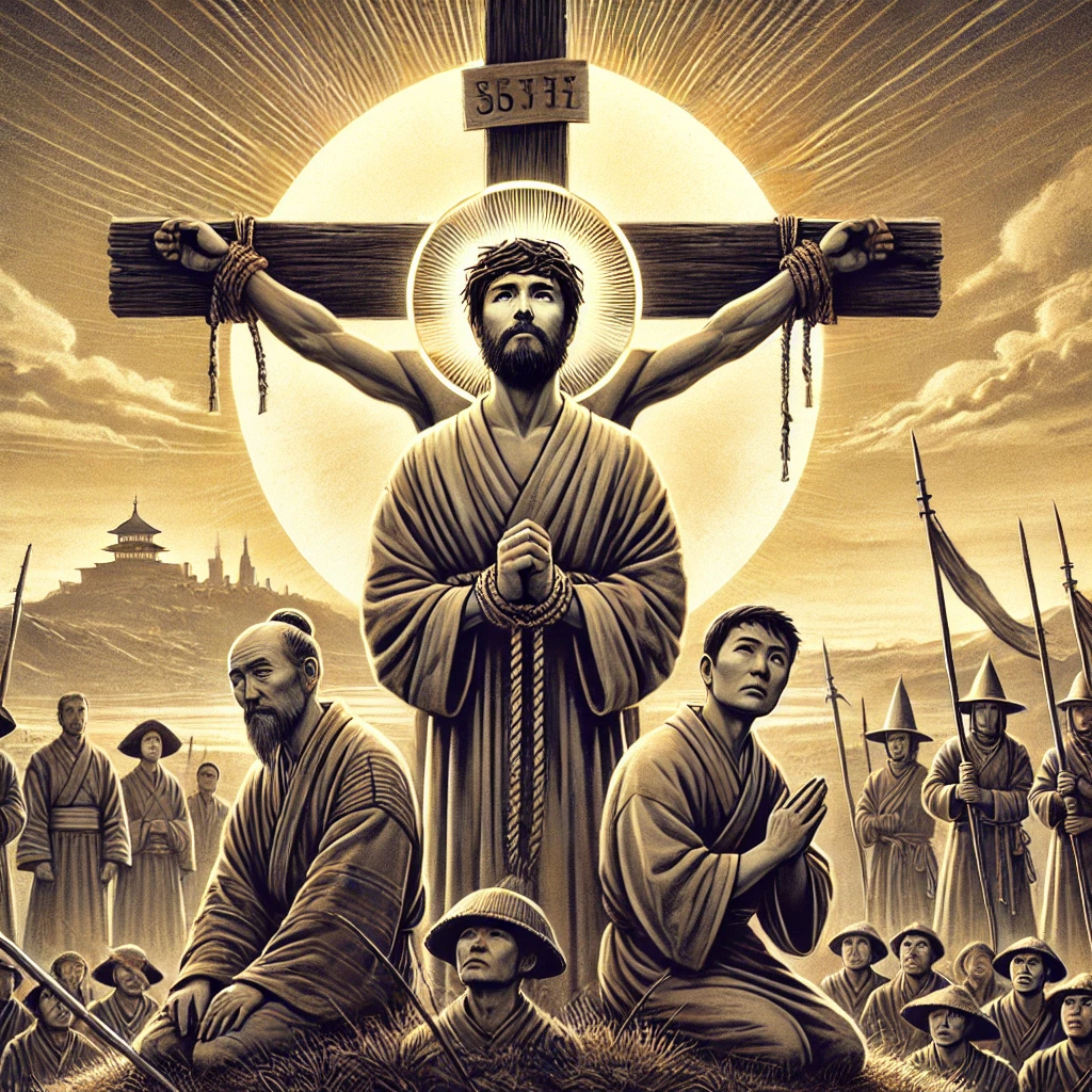 DALL·E 2025-01-25 10.03.50 - A solemn and powerful illustration of Saint Paul Miki and his companions during their martyrdom in Nagasaki, Japan. They are depicted bound to crosses.webp