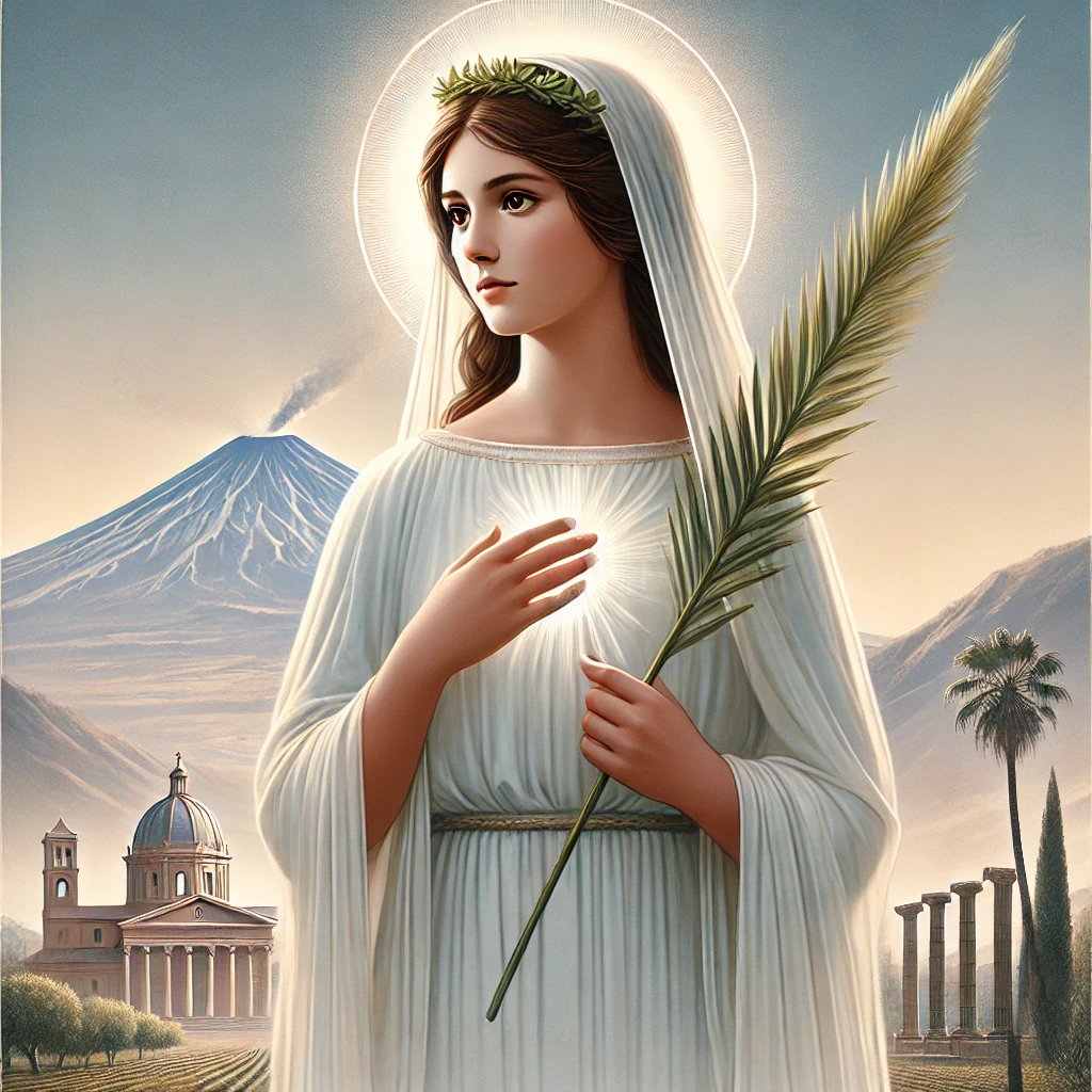 DALL·E 2025-01-25 10.10.31 - A serene and inspiring illustration of St. Agatha, a young woman symbolizing purity and resilience. She is depicted wearing a white robe, holding a pa.webp