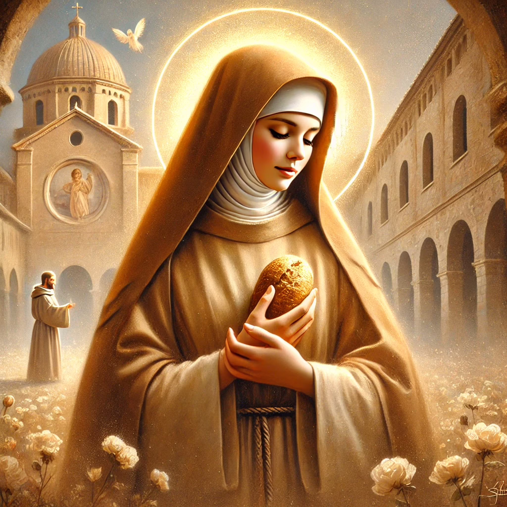 DALL·E 2025-02-16 15.22.05 - A beautiful digital painting of St. Frances of Rome, depicted in a warm, golden light. She is shown wearing a simple yet elegant religious habit, symb.webp