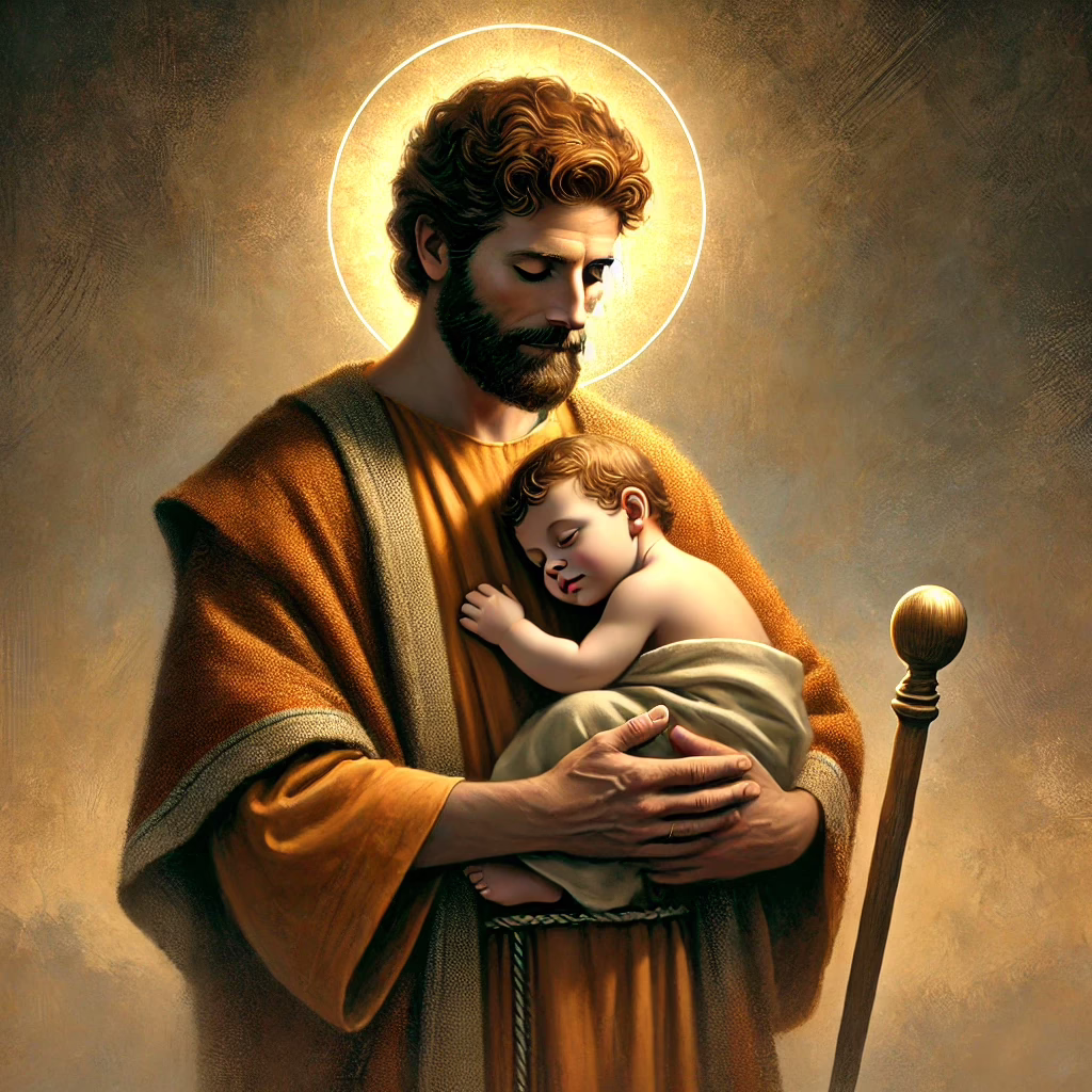 DALL·E 2025-02-17 20.57.10 - A solemn and reverent digital painting of St. Joseph holding the infant Jesus. St. Joseph is depicted as a humble yet strong figure, with a carpenter’.webp