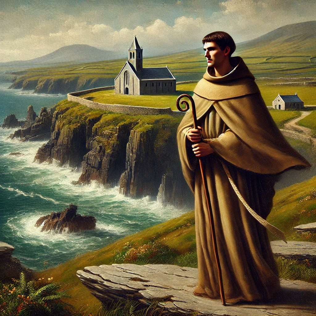DALL·E 2025-02-23 15.41.43 - A historical painting-style depiction of St. Enda of Aran, the 5th-century Irish saint and monastic founder. The scene captures him standing on the ru.webp